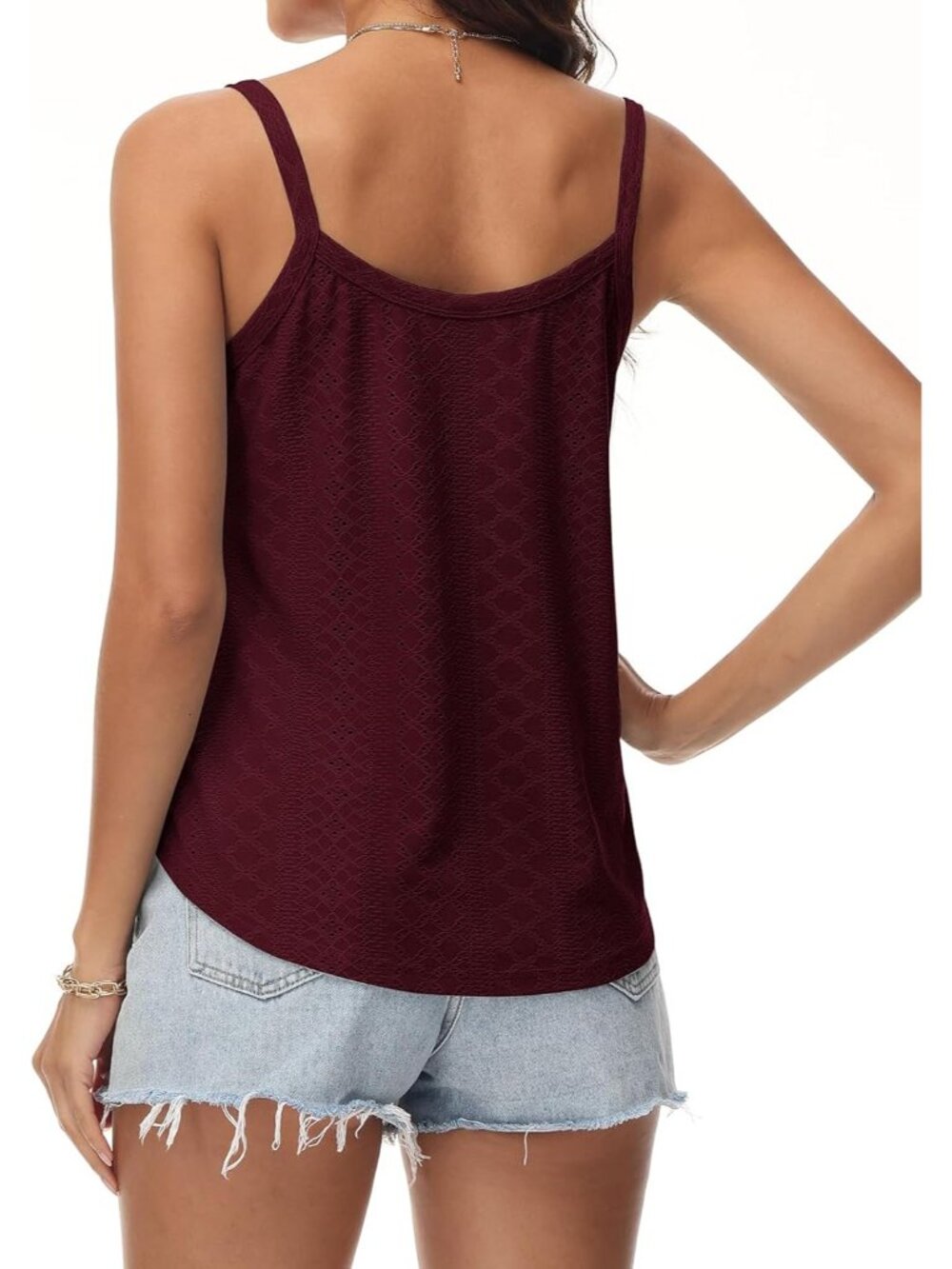 Women's Red Tank Tops Eyelet Sleeveless Spaghetti Strap Sexy Loose Fit Summer - Picture 4 of 5